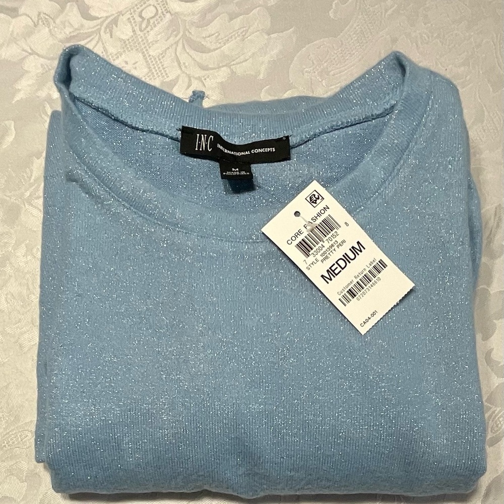 Inc International Concepts Blue Metallic Side-Ruched Knit Top Size Medium